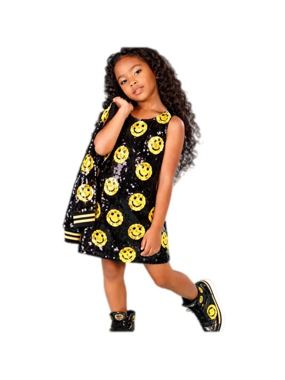 Lola + the Boys Don’t Worry Be Happy Dress Black Sequin Smiley Face
